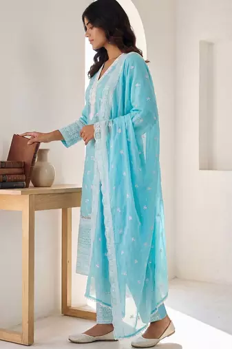Women Ethnic Motifs Embroidered Regular Chikankari Pure Cotton Kurta with Trousers & With Dupatta
