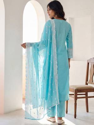 Women Ethnic Motifs Embroidered Regular Chikankari Pure Cotton Kurta with Trousers & With Dupatta 7