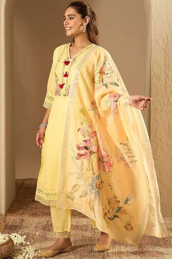 Floral Embroidered Thread Work  Cotton Straight Kurta With Trousers & Dupatta