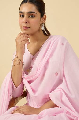 Floral Embroidered V Neck A Line  Cotton Kurta With Trousers & Dupatta