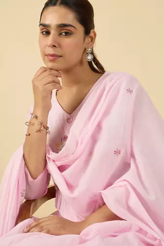 Floral Embroidered V Neck A Line Pure Cotton Kurta With Trousers & Dupatta