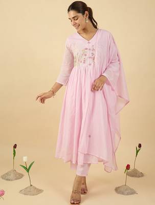 Floral Embroidered V Neck A Line  Cotton Kurta With Trousers & Dupatta 2