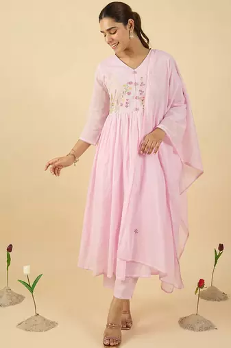 Floral Embroidered V Neck A Line Pure Cotton Kurta With Trousers & Dupatta