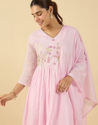 Floral Embroidered V Neck A Line  Cotton Kurta With Trousers & Dupatta 3