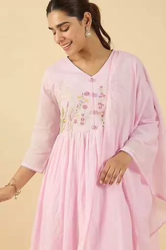 Floral Embroidered V Neck A Line Pure Cotton Kurta With Trousers & Dupatta