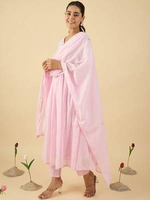 Floral Embroidered V Neck A Line  Cotton Kurta With Trousers & Dupatta 4