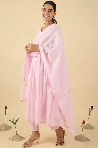 Floral Embroidered V Neck A Line Pure Cotton Kurta With Trousers & Dupatta