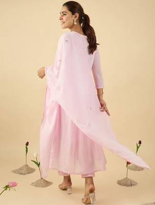 Floral Embroidered V Neck A Line  Cotton Kurta With Trousers & Dupatta 5
