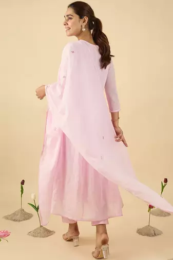 Floral Embroidered V Neck A Line Pure Cotton Kurta With Trousers & Dupatta