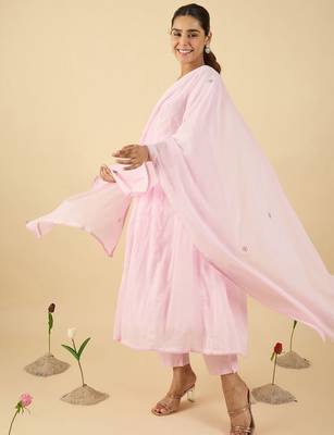 Floral Embroidered V Neck A Line  Cotton Kurta With Trousers & Dupatta 6