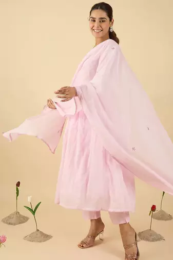 Floral Embroidered V Neck A Line Pure Cotton Kurta With Trousers & Dupatta