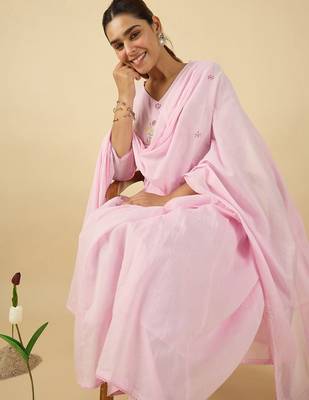 Floral Embroidered V Neck A Line  Cotton Kurta With Trousers & Dupatta 7