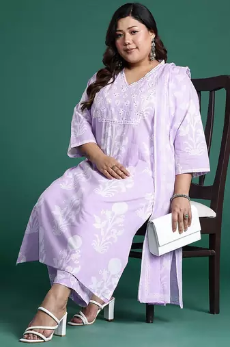 Plus Size Lavender Printed Straight Kurta Trousers With Dupatta Set