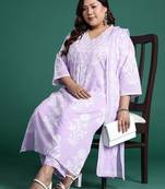 Plus Size Lavender Printed Straight Kurta Trousers With Dupatta Set