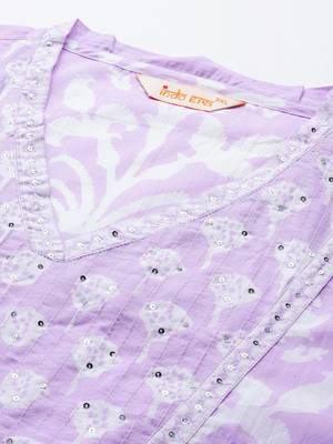 Plus Size Lavender Printed Straight Kurta Trousers With Dupatta Set 2