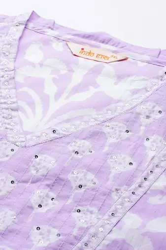 Plus Size Lavender Printed Straight Kurta Trousers With Dupatta Set