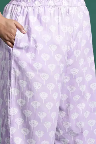 Plus Size Lavender Printed Straight Kurta Trousers With Dupatta Set