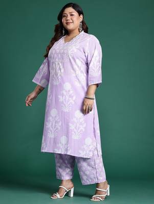 Plus Size Lavender Printed Straight Kurta Trousers With Dupatta Set 5