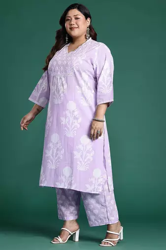 Plus Size Lavender Printed Straight Kurta Trousers With Dupatta Set