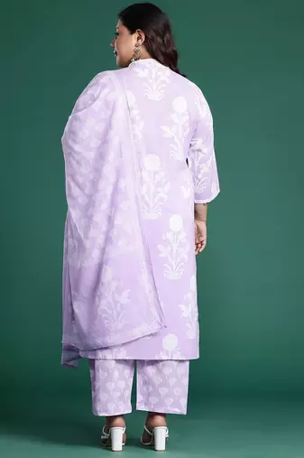 Plus Size Lavender Printed Straight Kurta Trousers With Dupatta Set