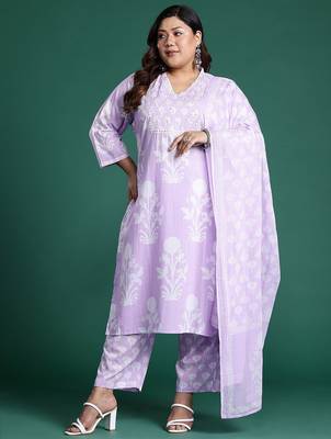 Plus Size Lavender Printed Straight Kurta Trousers With Dupatta Set 7