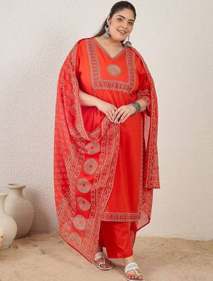 Plus Size Printed Mirror Work Pure Cotton Kurta with Trousers & With Dupatta 1