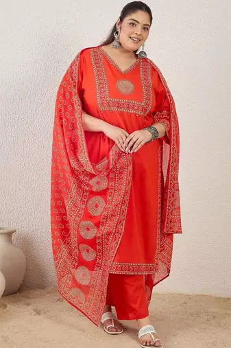 Plus Size Printed Mirror Work Pure Cotton Kurta with Trousers & With Dupatta