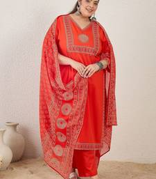 Plus Size Printed Mirror Work Pure Cotton Kurta with Trousers & With Dupatta