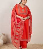 Plus Size Printed Mirror Work Pure Cotton Kurta with Trousers & With Dupatta
