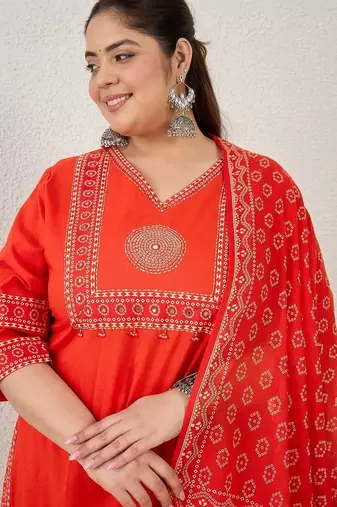 Plus Size Printed Mirror Work Pure Cotton Kurta with Trousers & With Dupatta