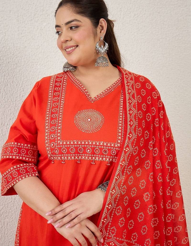 Plus Size Printed Mirror Work Pure Cotton Kurta with Trousers & With Dupatta
