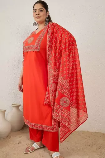 Plus Size Printed Mirror Work Pure Cotton Kurta with Trousers & With Dupatta