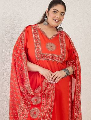 Plus Size Printed Mirror Work Pure Cotton Kurta with Trousers & With Dupatta 4
