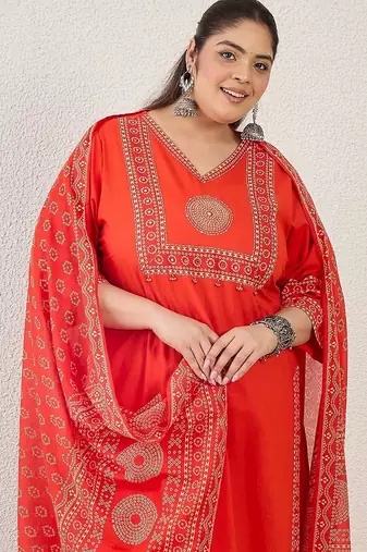 Plus Size Printed Mirror Work Pure Cotton Kurta with Trousers & With Dupatta