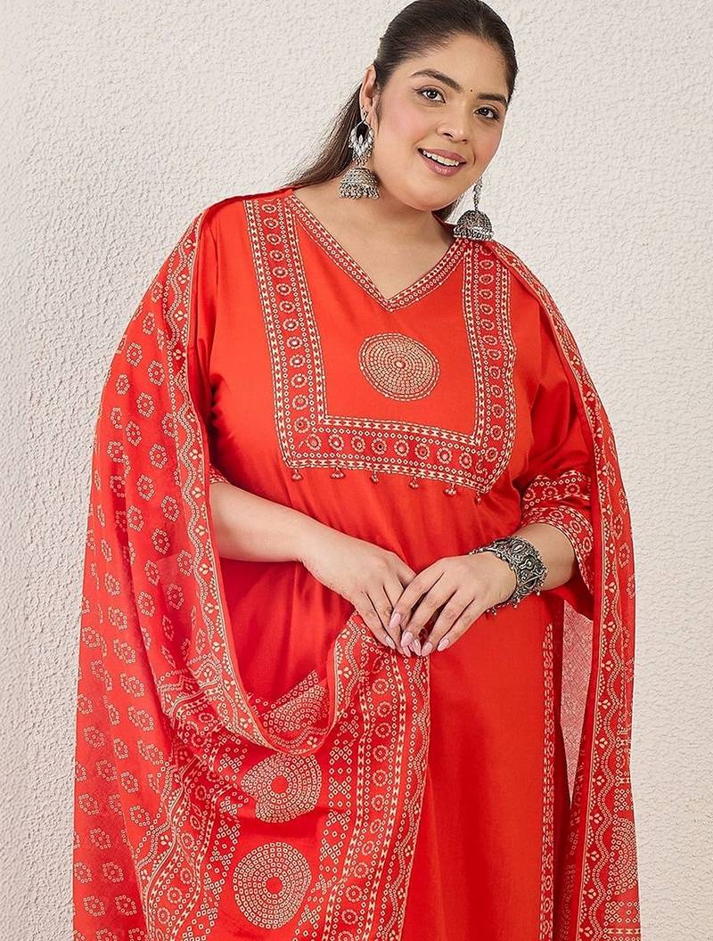 Plus Size Printed Mirror Work Pure Cotton Kurta with Trousers & With Dupatta