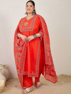 Plus Size Printed Mirror Work Pure Cotton Kurta with Trousers & With Dupatta 5
