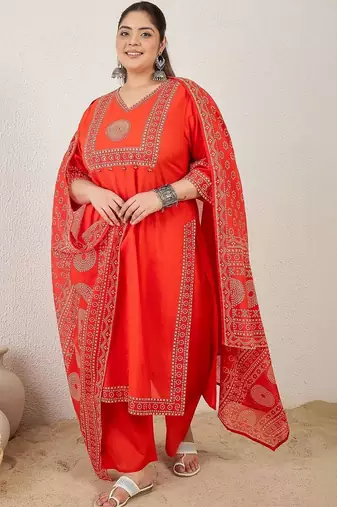 Plus Size Printed Mirror Work Pure Cotton Kurta with Trousers & With Dupatta