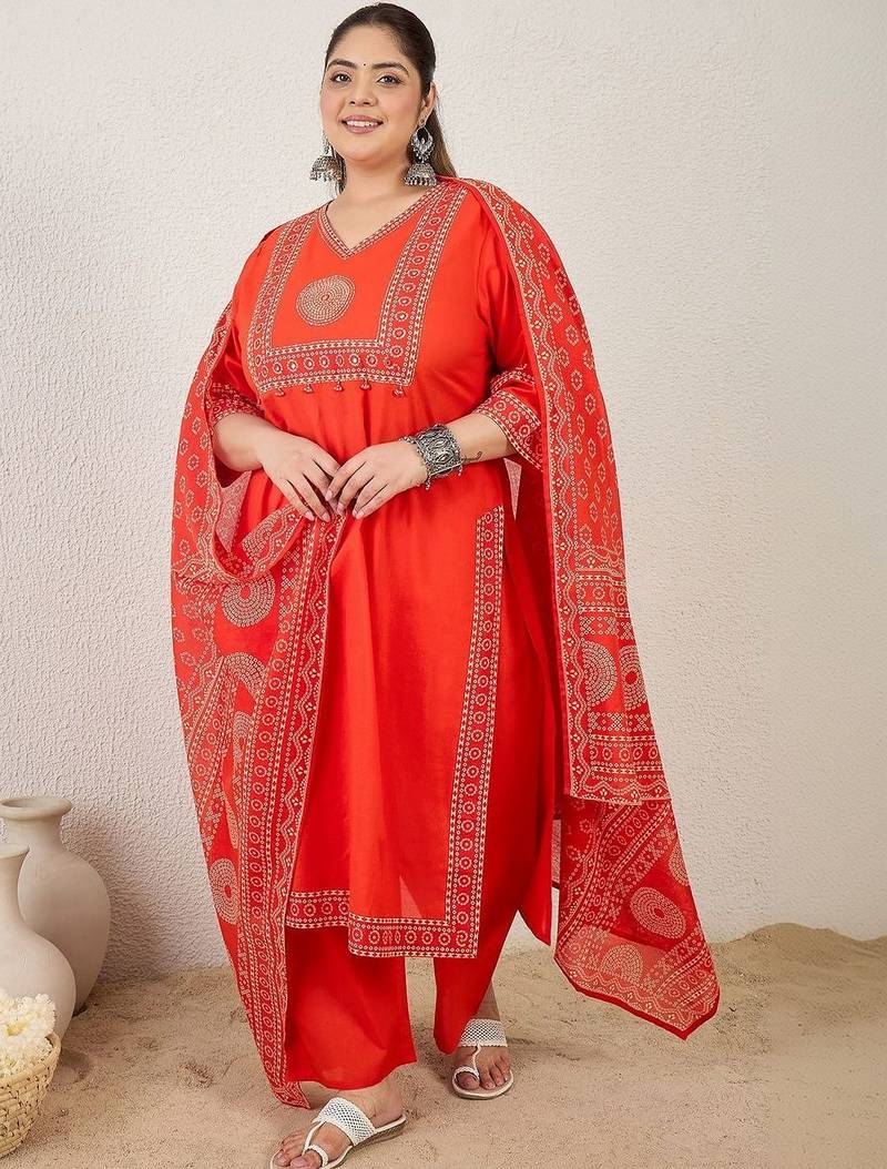 Plus Size Printed Mirror Work Pure Cotton Kurta with Trousers & With Dupatta