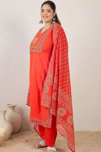 Plus Size Printed Mirror Work Pure Cotton Kurta with Trousers & With Dupatta