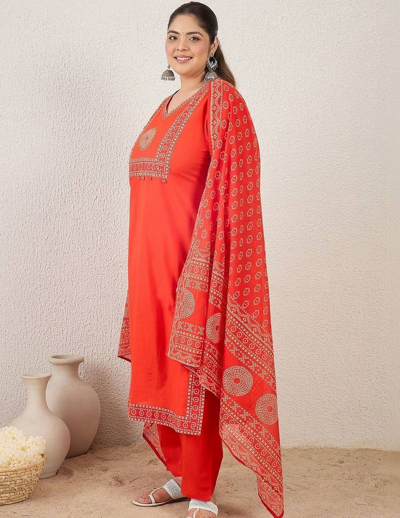 Plus Size Printed Mirror Work Pure Cotton Kurta with Trousers & With Dupatta