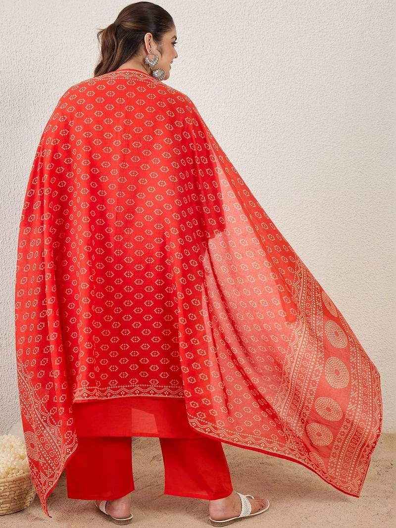 Plus Size Printed Mirror Work Pure Cotton Kurta with Trousers & With Dupatta
