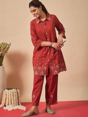 Women Ethnic Motifs Embroidered Regular Thread Work Pure Cotton Kurta with Trousers 3
