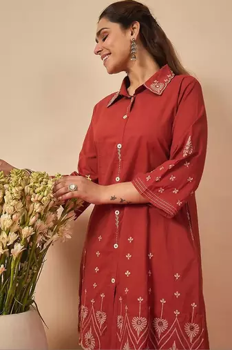 Women Ethnic Motifs Embroidered Regular Thread Work Pure Cotton Kurta with Trousers