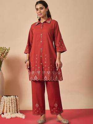 Women Ethnic Motifs Embroidered Regular Thread Work Pure Cotton Kurta with Trousers 5