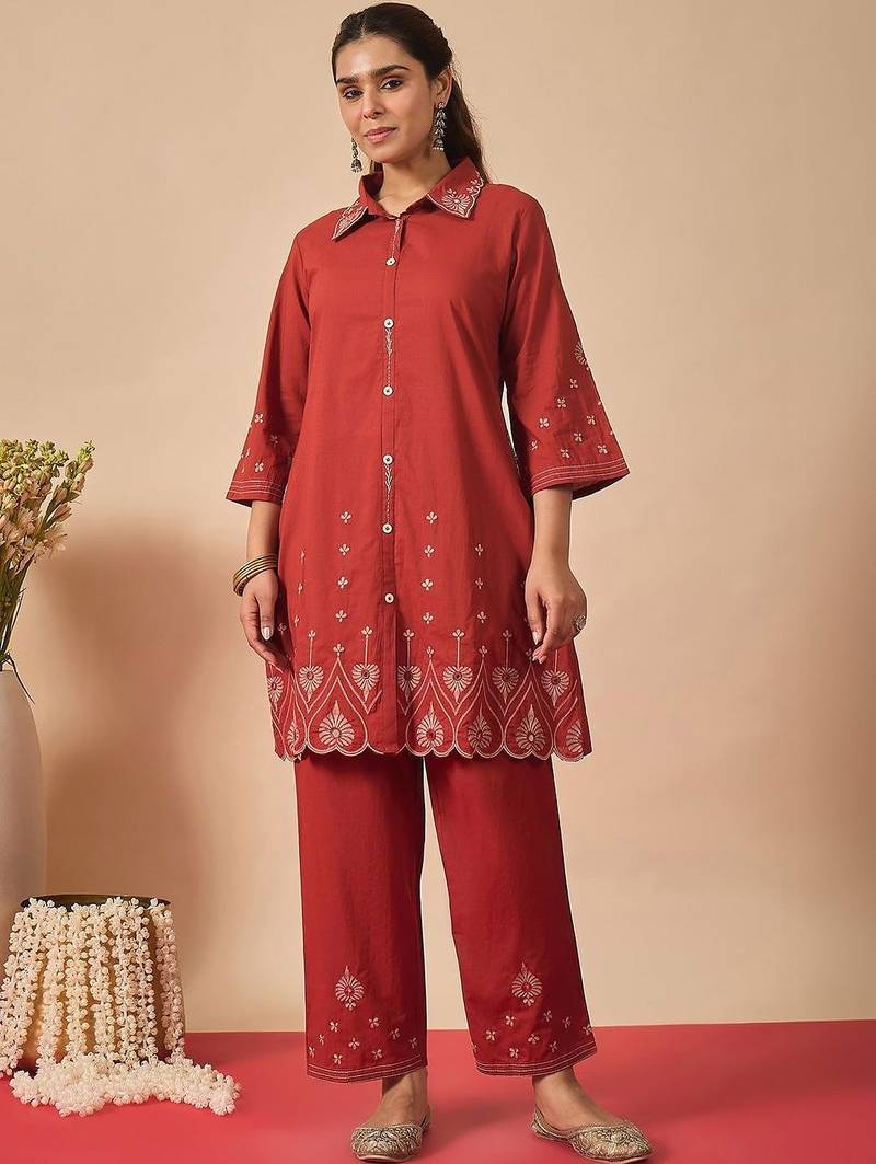 Women Ethnic Motifs Embroidered Regular Thread Work Pure Cotton Kurta with Trousers