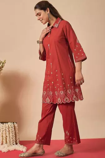 Women Ethnic Motifs Embroidered Regular Thread Work Pure Cotton Kurta with Trousers