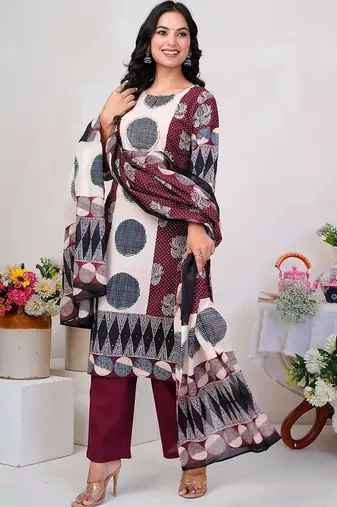 Women Floral Printed Regular Thread Work Pure Cotton Kurta with Trousers & With Dupatta