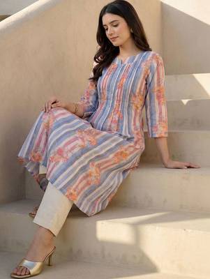 Women Printed Regular Beads and Stones Pure Cotton Kurta with Trousers 1