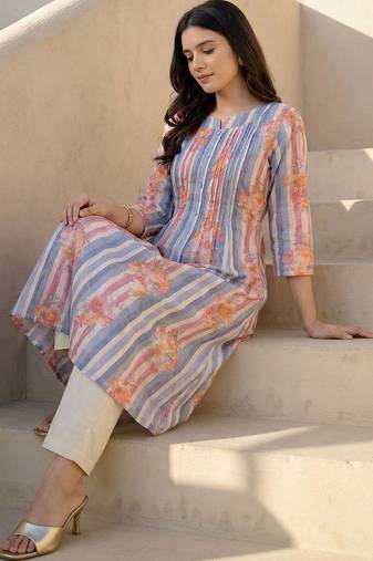 Women Printed Regular Beads and Stones Pure Cotton Kurta with Trousers