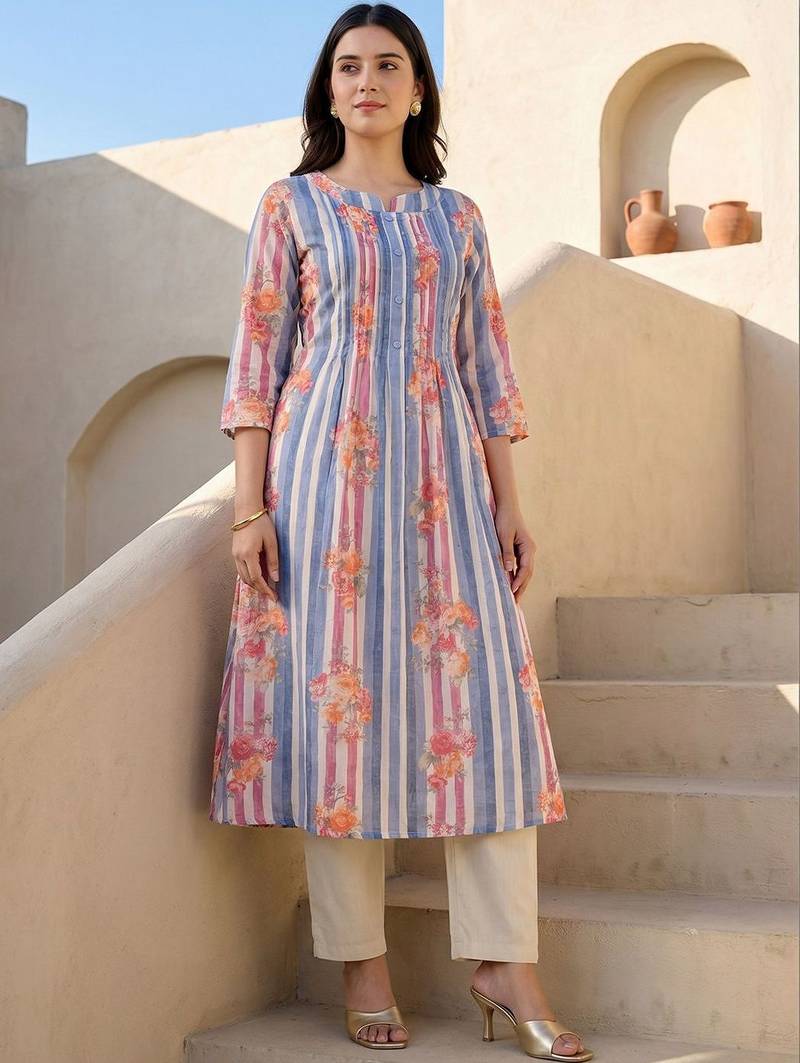 Women Printed Regular Beads and Stones Pure Cotton Kurta with Trousers
